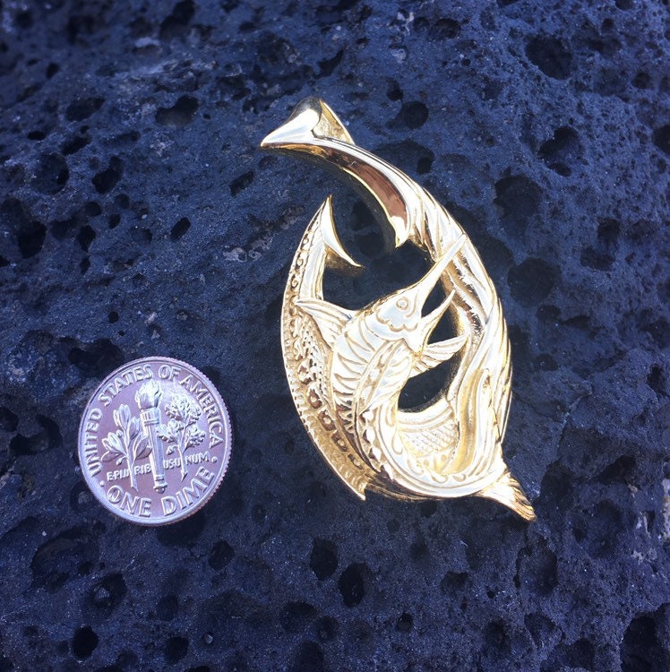 18K Gold Vermeil Makau Fishing Hook Marlin Necklace Pendant.