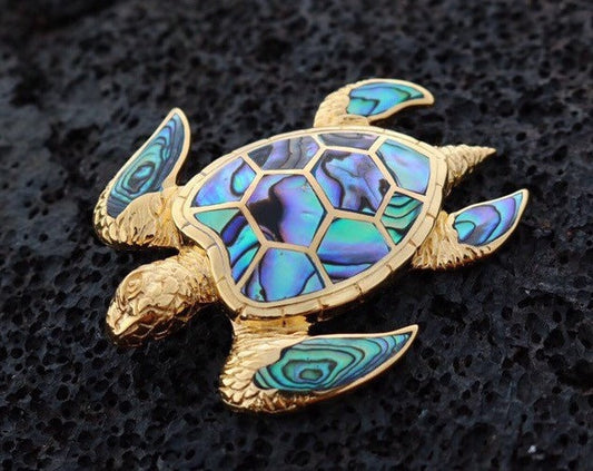 18K Gold Vermeil Green Sea Turtle Necklace Pendant . Hawaiian Honu Aumakua. Abalone Paua Shell.
