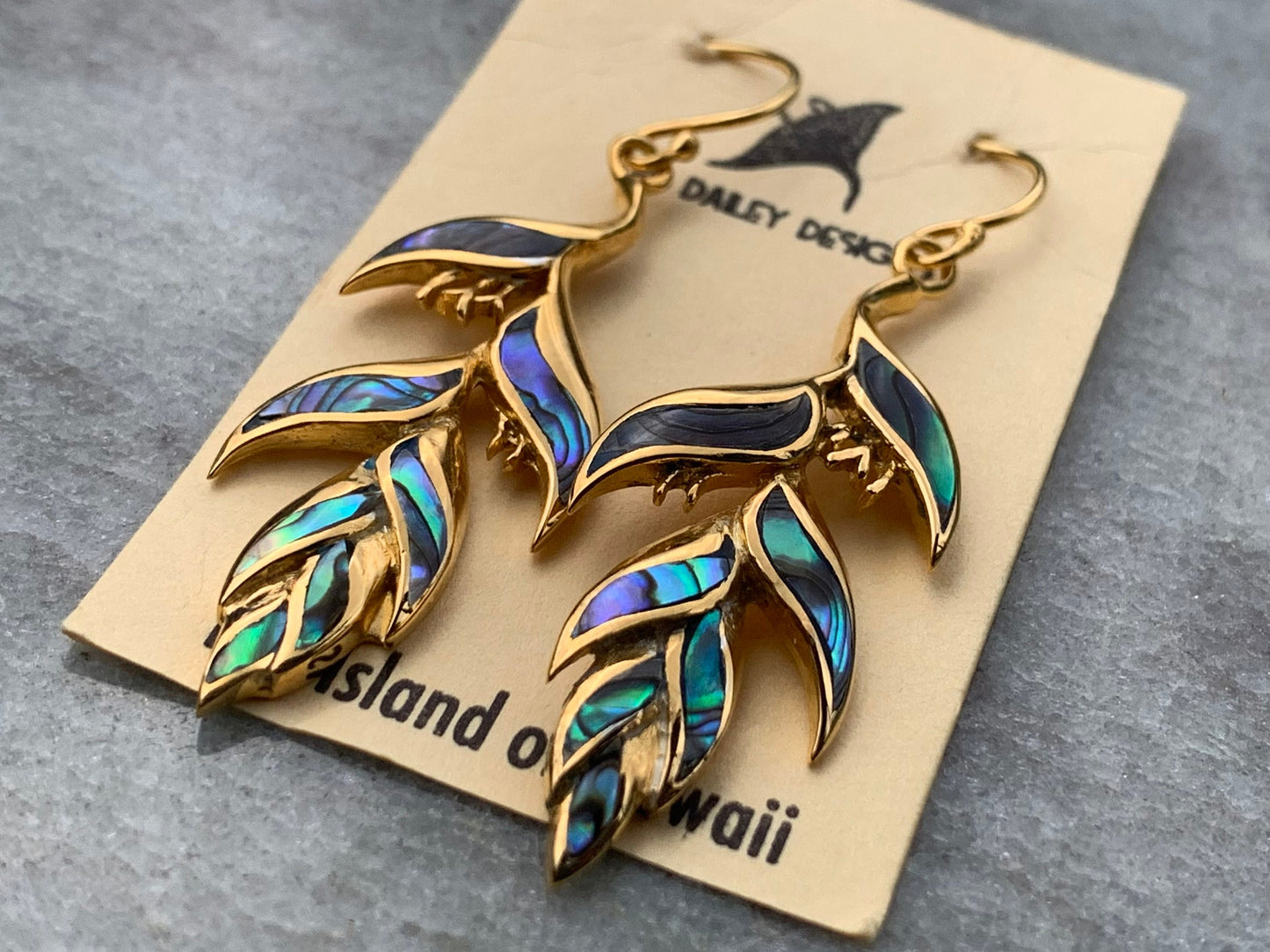 18K Gold Vermeil Heliconia Flower Earrings. Abalone Shell.