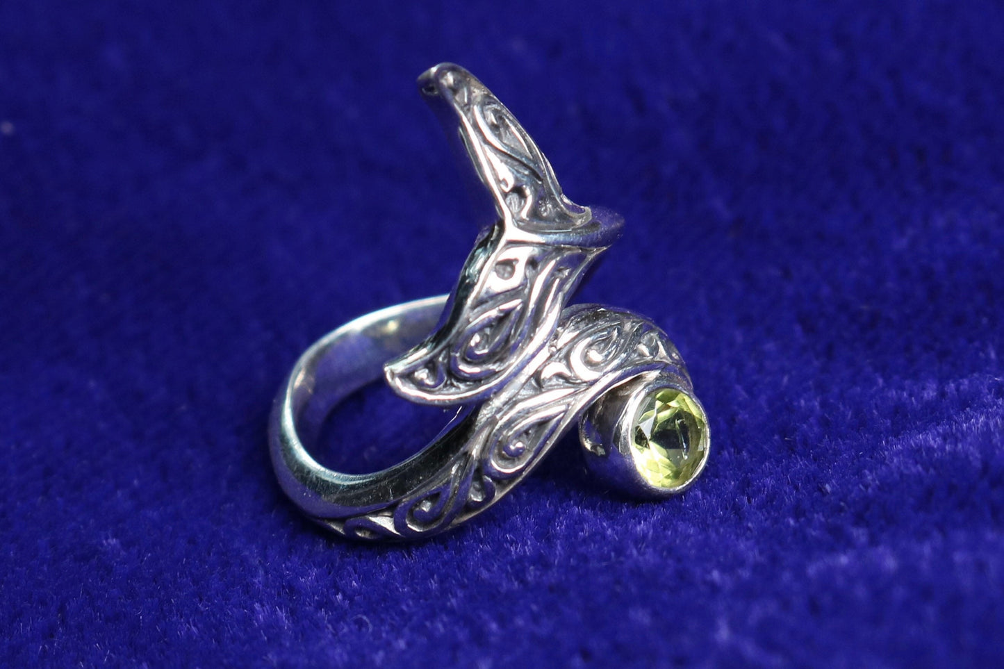 Whale Tail Ring Tribal Polynesian Tattoo Design. Peridot. Sterling Silver.