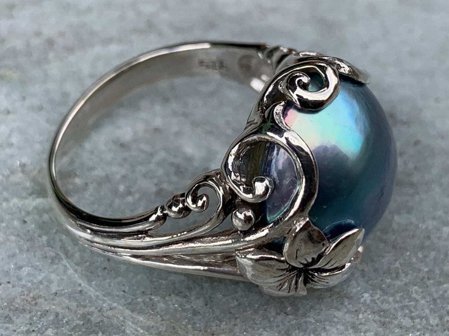 Blue Mabe Pearl Plumeria Flower Silver Ring