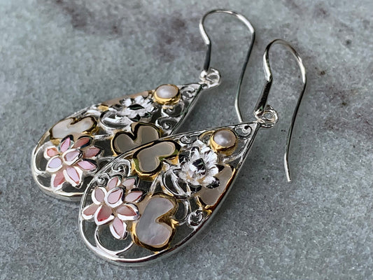 Pink Lotus Flower Teardrop Shell Earrings