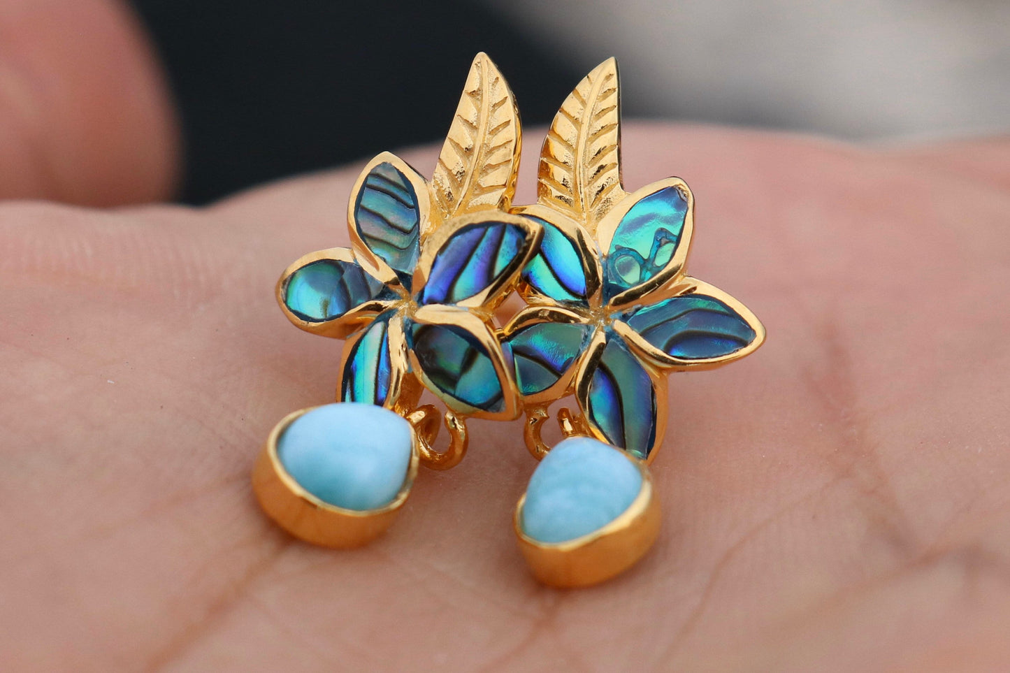 18K Gold Vermeil Plumeria Flower Larimar Stud Earrings. Abalone Shell, Sterling Silver.