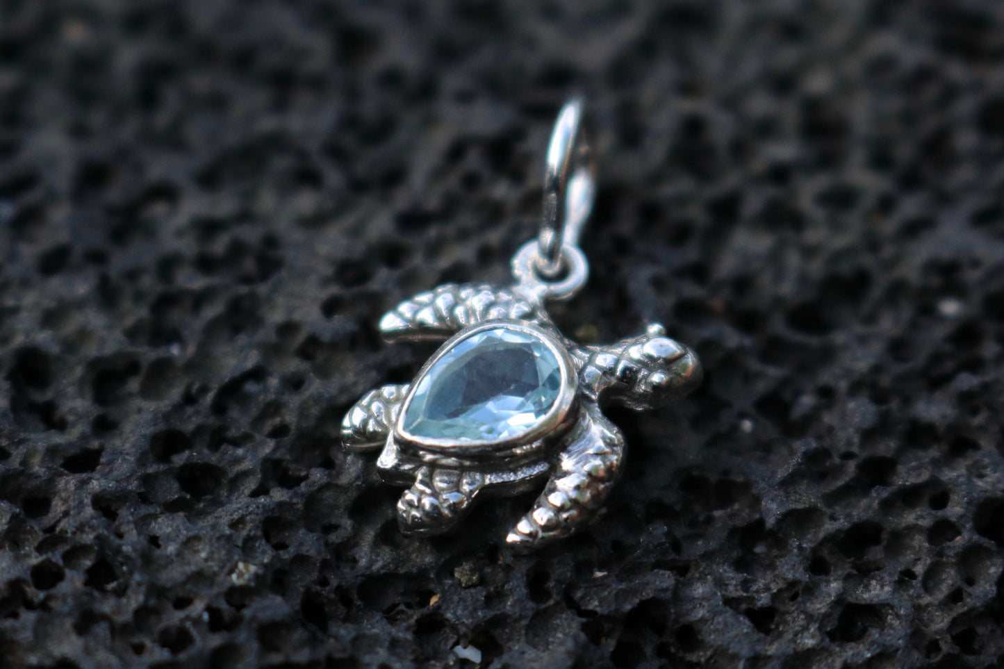 Turtle Charm Blue Topaz Necklace Pendant. Sterling Silver.