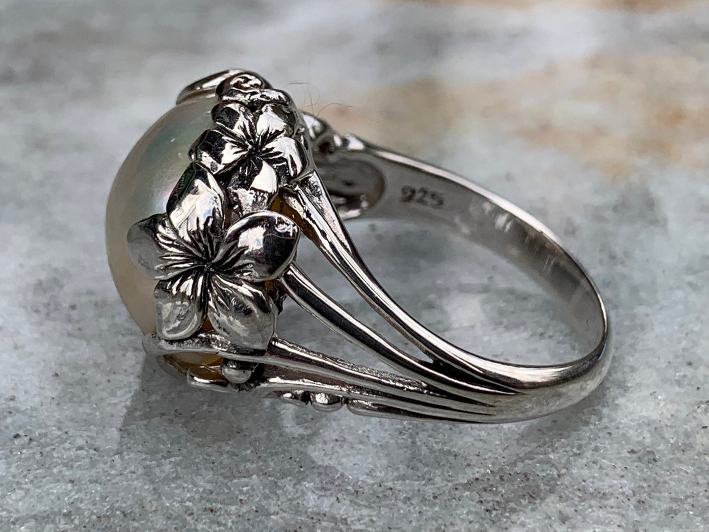 White Mabe Pearl Plumeria Flower Silver Ring