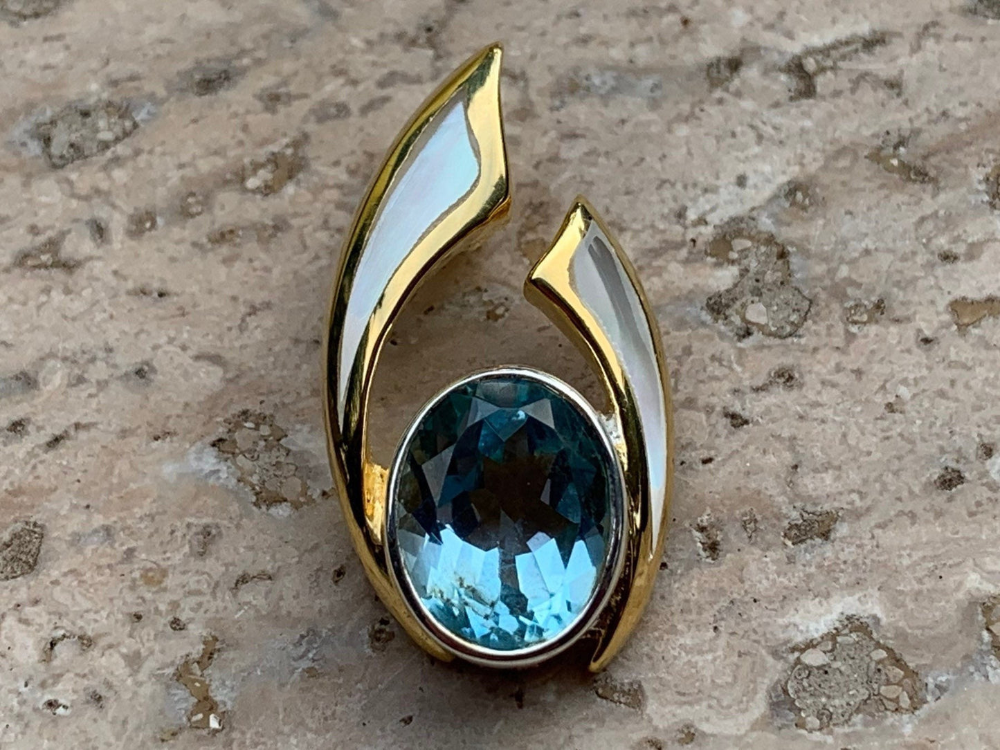 Wave Pendant. Blue Swiss Topaz, Mother of Pearl, Gold Vermeil.