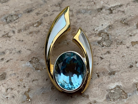 Wave Pendant. Blue Swiss Topaz, Mother of Pearl, Gold Vermeil.