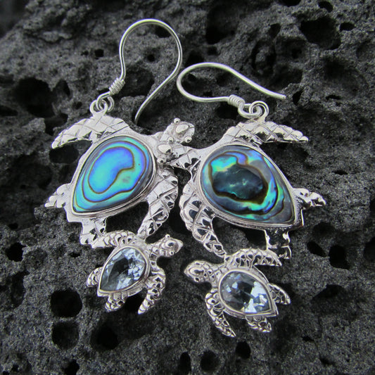 Sea Turtle Couple Earrings  | Abalone Paua Shell | Blue Topaz | Sterling Silver | Ocean | Beach | Gift | Jewelry | Handmade | Unique