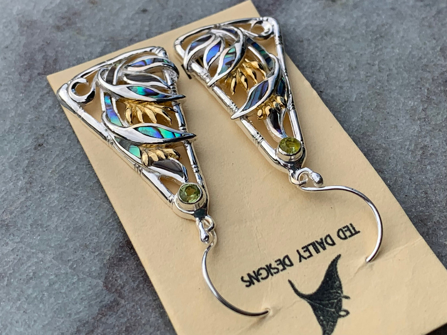 Bird of Paradise Flower Blue Peridot Silver Gold Shell Earrings
