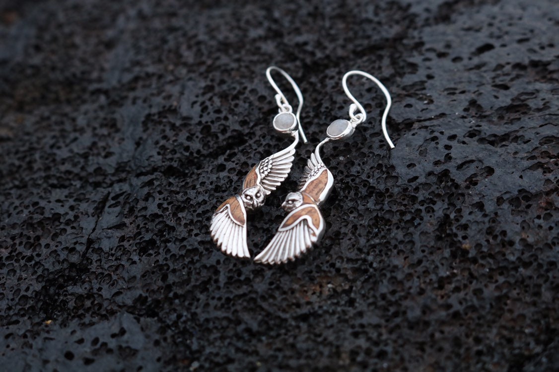 Owl Hawaiian Pueo Aumakua Earrings. Moonstone, Hawaiian Koa Wood, Mother of Pearl, Sterling Silver