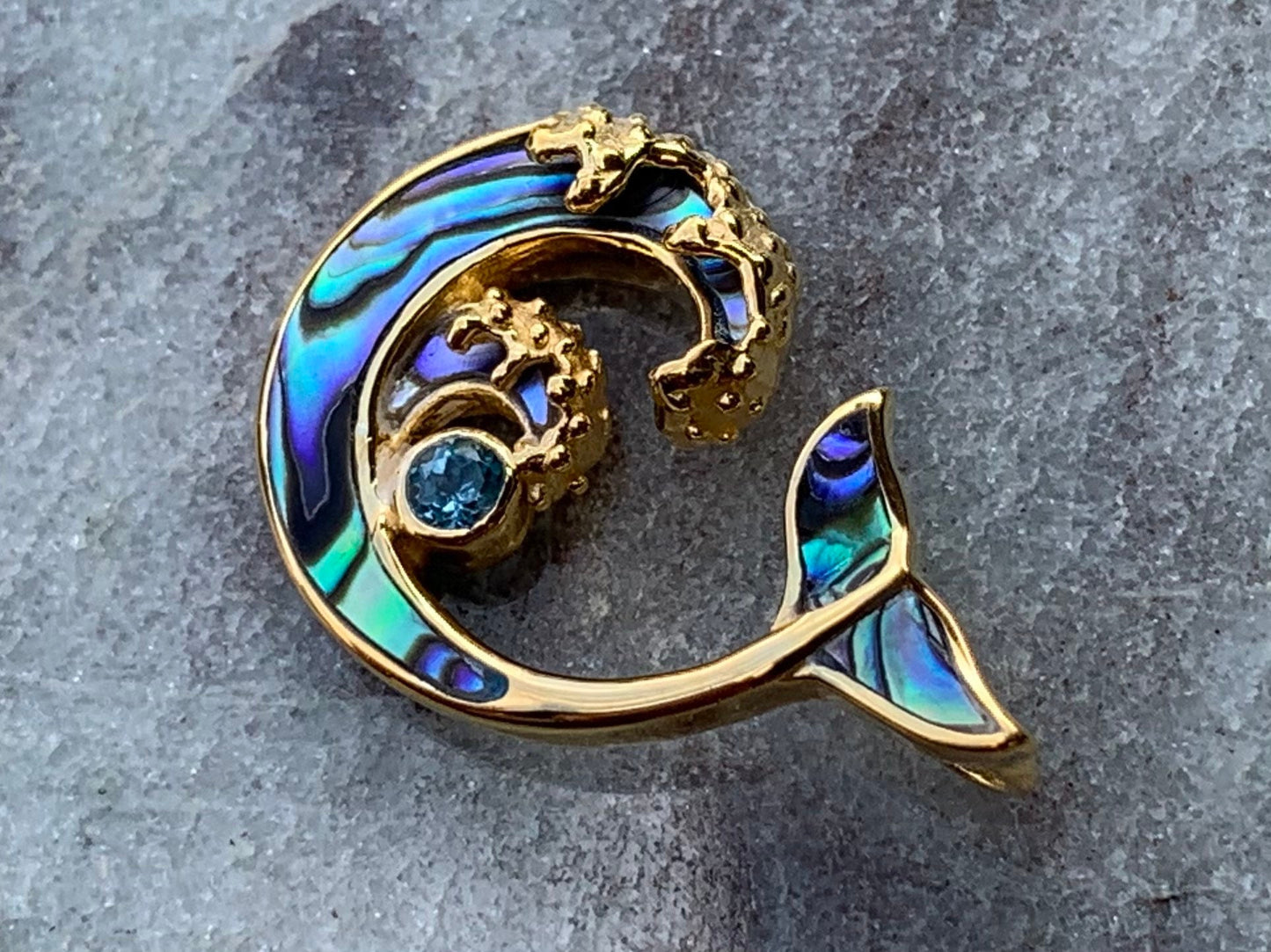 Whale Tail and Wave Swiss Blue Topaz 18k Gold Vermeil Necklace Pendant