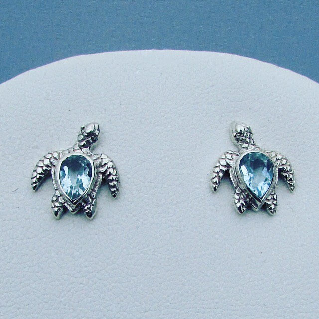Sea Turtle Stud Earrings | Blue Topaz | Sterling Silver | Ocean | Beach | Gift | Jewelry | Handmade | Unique
