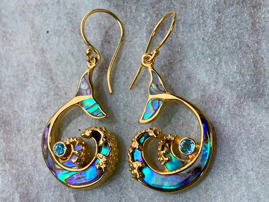 Whale Tail and Wave Swiss Blue Topaz 18k Gold Vermeil Earrings