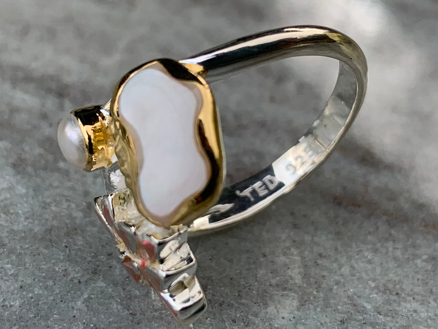 Pink Lotus Flower Ring. Sterling Silver, Pearl, Gold, Mother of Pearl.