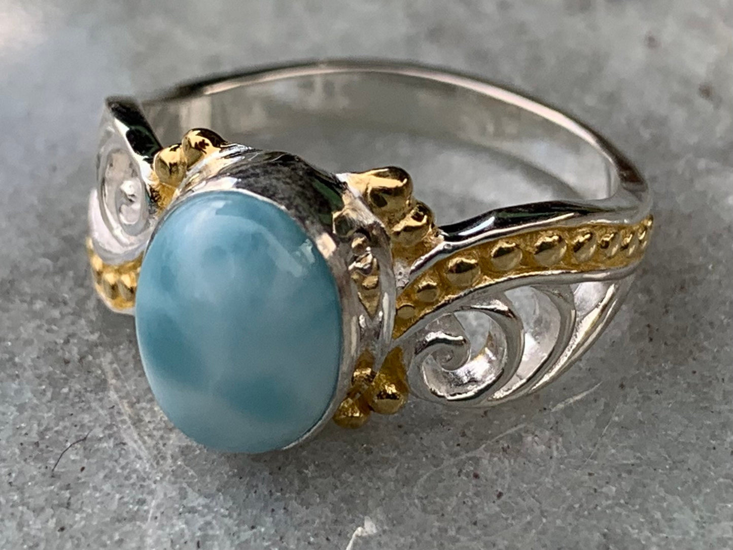 Larimar Wave Ring. Gold, Silver.