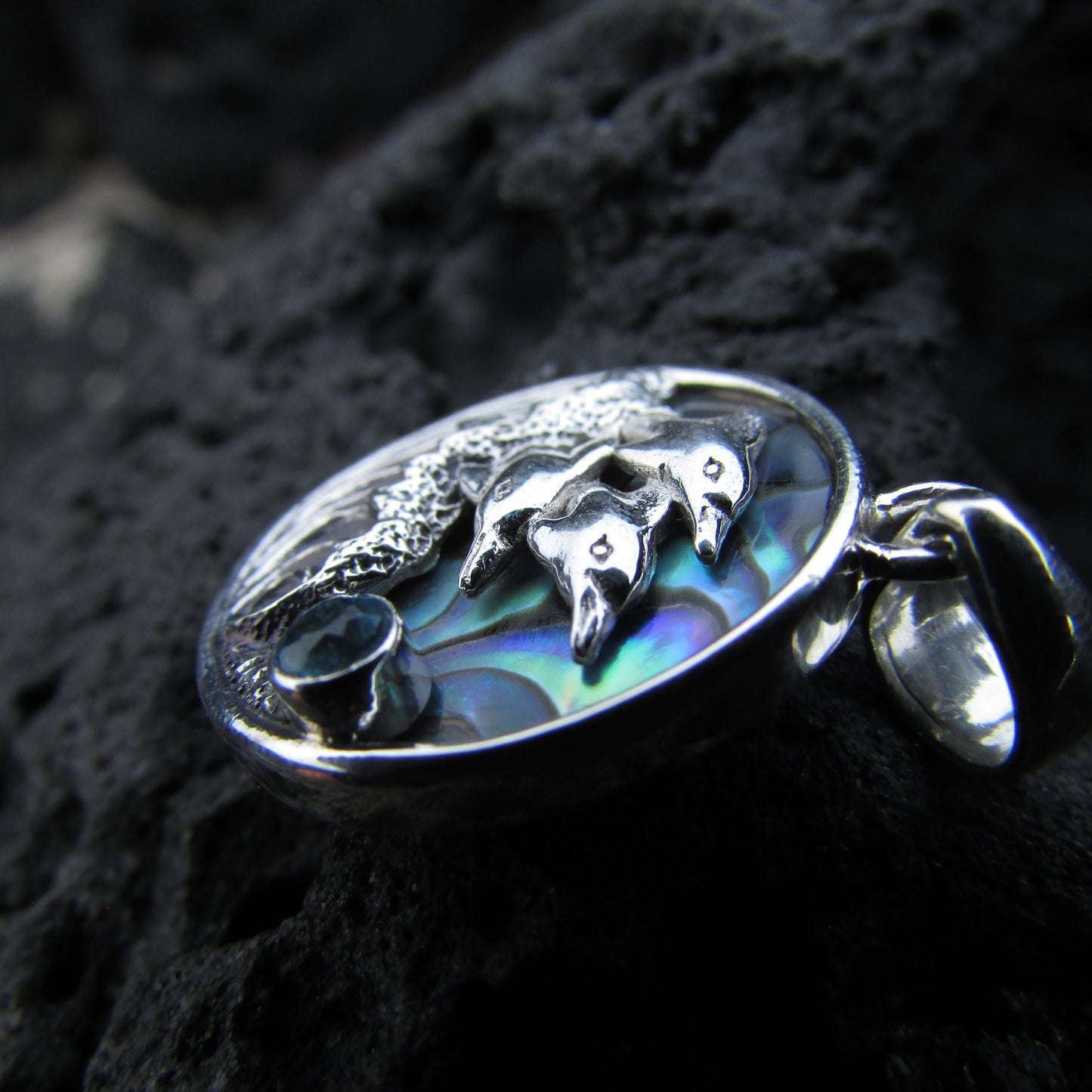 Dolphin Wave Necklace Pendant Large | Blue Topaz | Abalone Paua Shell | Sterling Silver | Ocean | Beach | Gift | Jewelry | Handmade | Unique