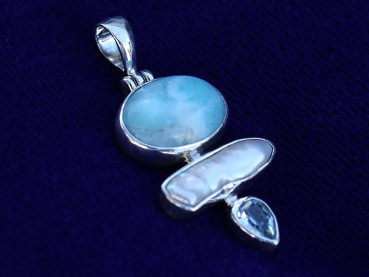 Larimar, Pearl and Blue Topaz Triple Pendant Necklace. Sterling Silver.