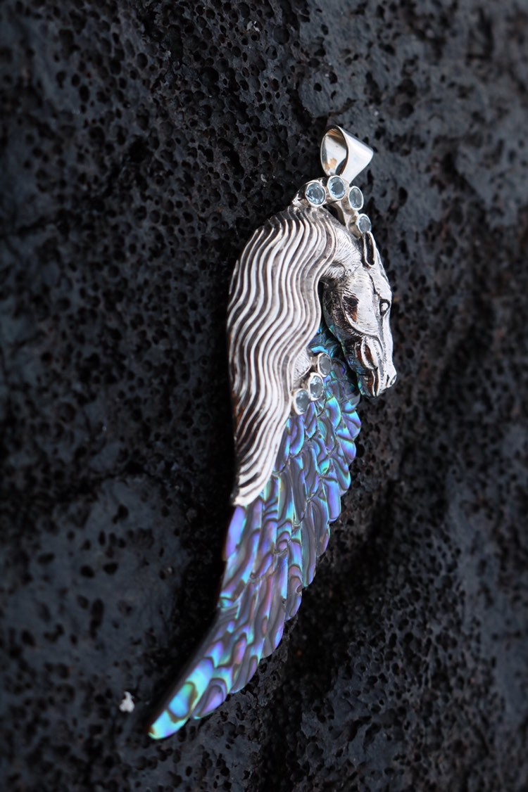 Pegasus Horse Wings Cowgirl Jewelry Necklace Pendant. Sterling Silver, Blue Topaz, Abalone Shell.
