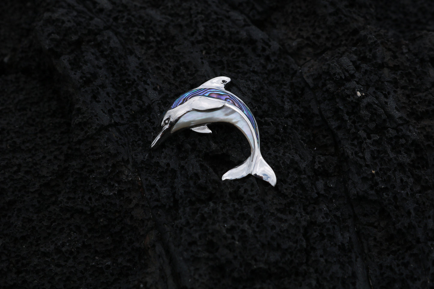 Aumakua Dolphin Necklace Pendant. Abalone Paua Shell, Mother of Pearl, Sterling Silver.