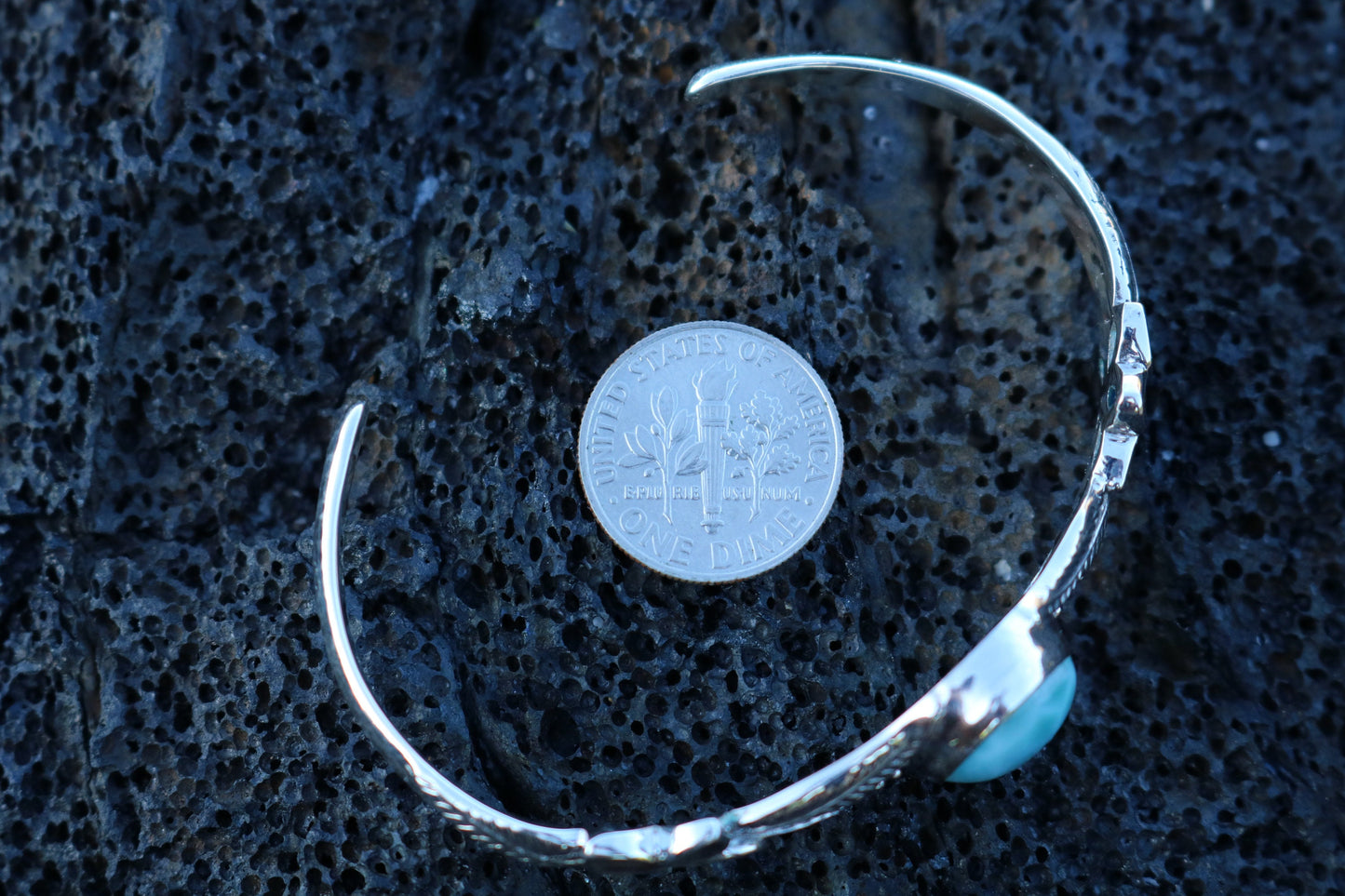 Larimar Cuff Bracelet with Plumeria Flower. Abalone Paua Shell and Sterling Silver.