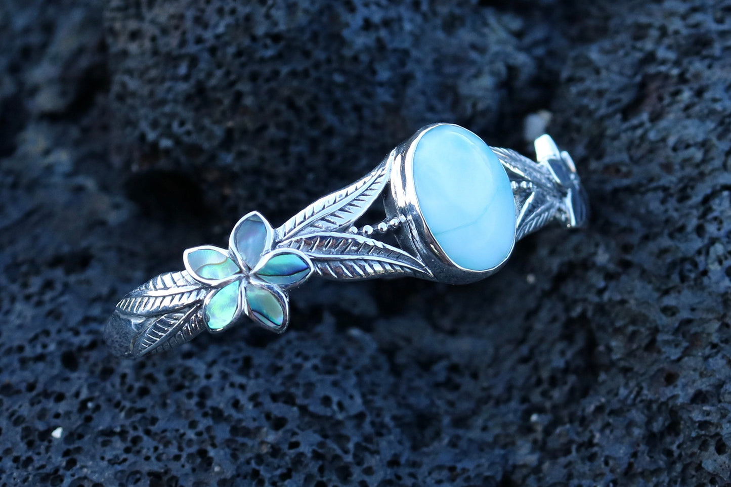 Larimar Cuff Bracelet with Plumeria Flower. Abalone Paua Shell and Sterling Silver.