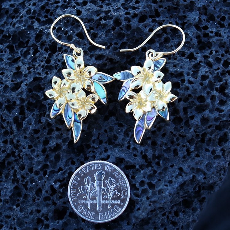Plumeria Flowers Earrings. 18k Gold Vermeil. Abalone Paua Shell.