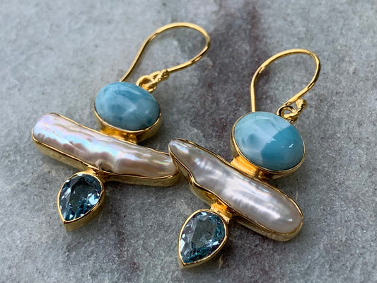 Larimar, Pearl, Blue Topaz 18k Gold Vermeil Earrings.