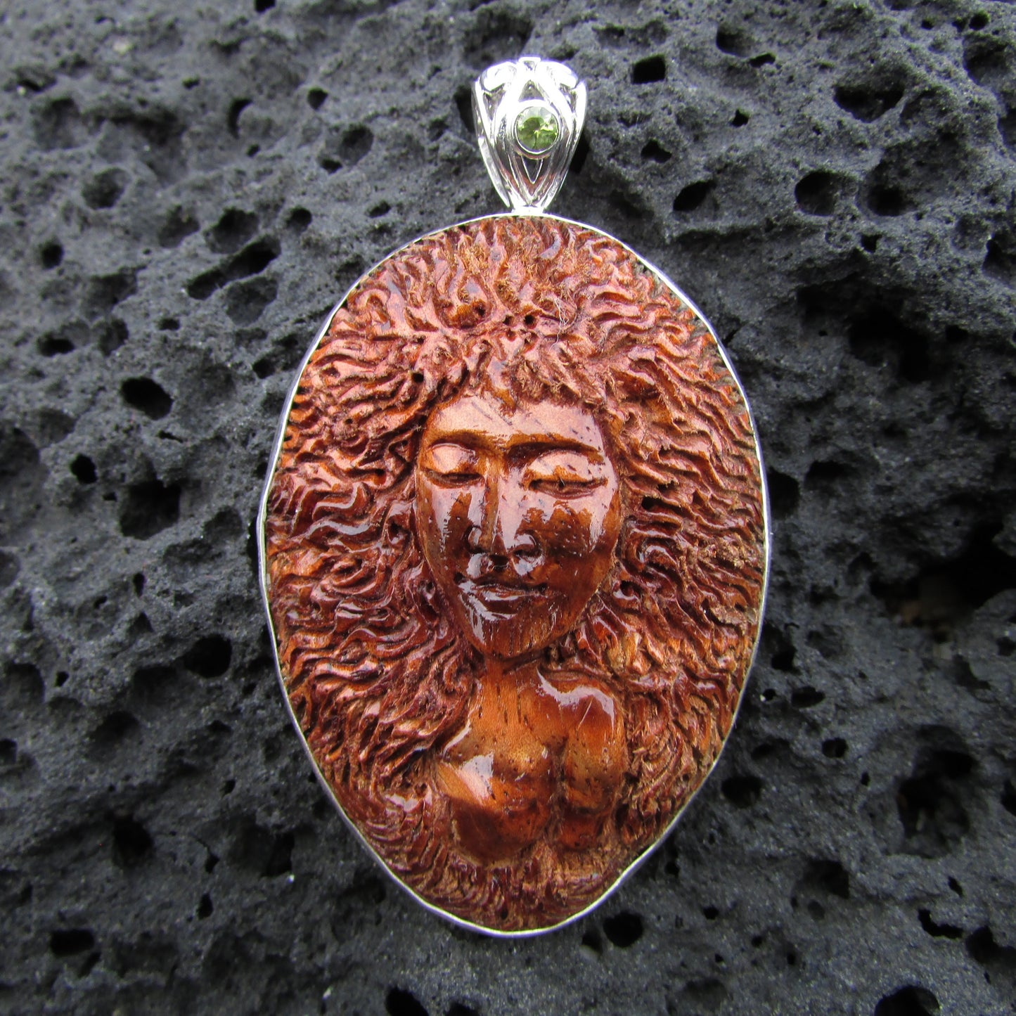 Hawaii Volcano Goddess Pele Carved Pendant Necklace | Rare Koa Wood | Peridot | Sterling Silver | Fire | Gift | Jewelry | Handmade