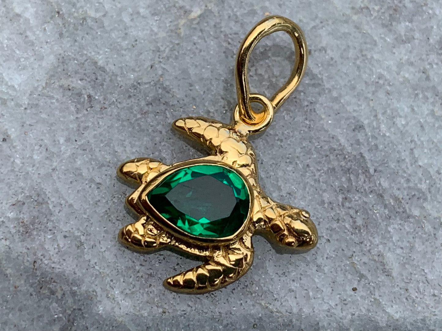 Emerald Turtle Charm Pendant Necklace. Gold Vermeil.