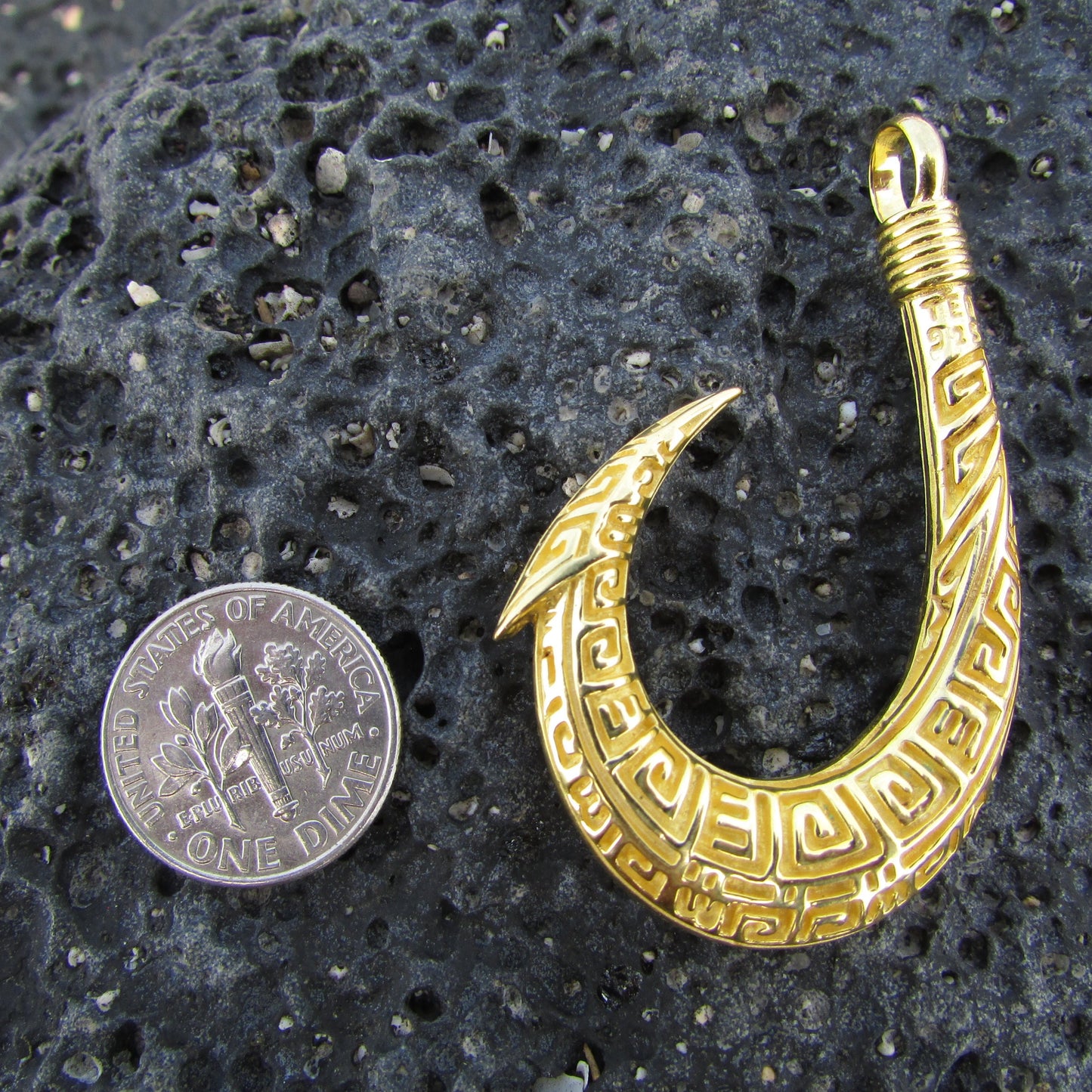 Polynesian Tribal Maui 18K Gold Vermeil Fishing Hook Necklace Pendant.