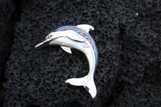Aumakua Dolphin Necklace Pendant. Abalone Paua Shell, Mother of Pearl, Sterling Silver.
