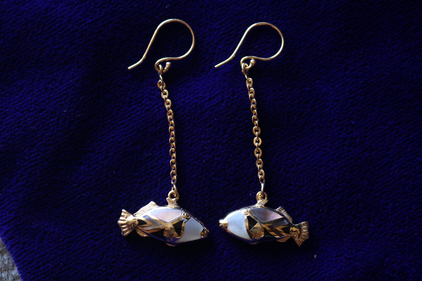 Humuhumunukunukuapua’a (Trigger Fish) Hawaiian State Fish Earrings. 18k Gold Vermeil, Silver, Mother of Pearl.