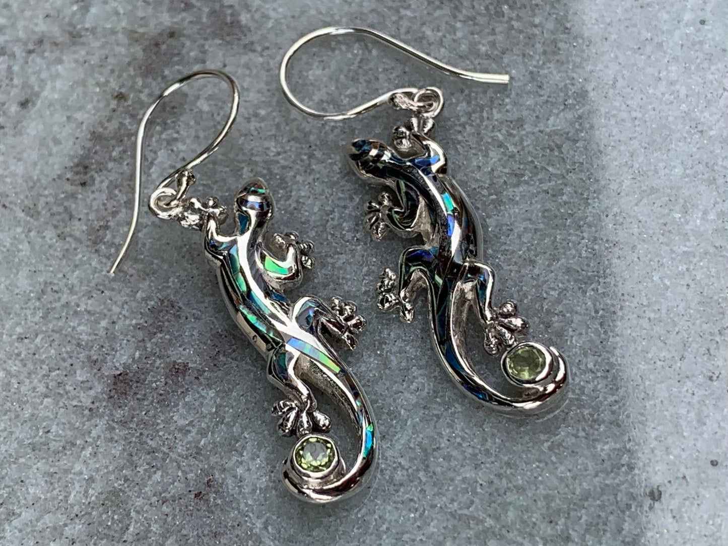 Gecko Lizard Salamander Earrings Silver Peridot