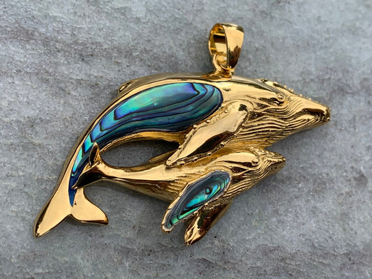 Mother and Baby Humpback Whale Necklace Pendant. 18k Gold Vermeil, Abalone Paua Shell.
