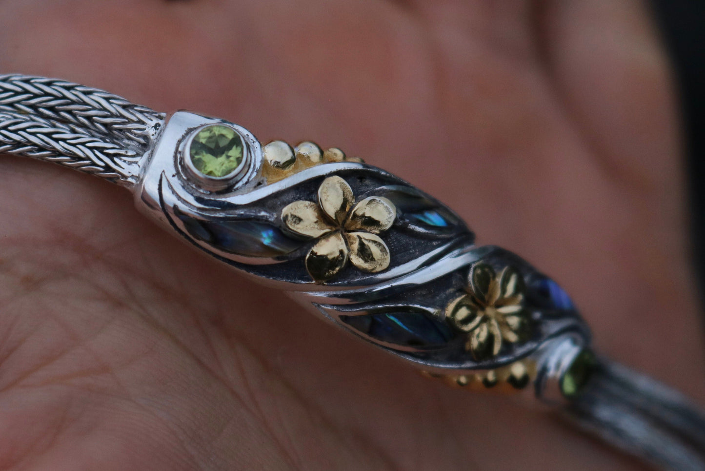 Plumeria Flower Bracelet. 18K Gold Vermeil, Abalone Shell, Peridot, Sterling Silver.