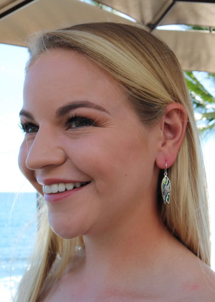 Surfboard Manta Ray Earrings. Abalone Paua Shell. Sterling Silver.