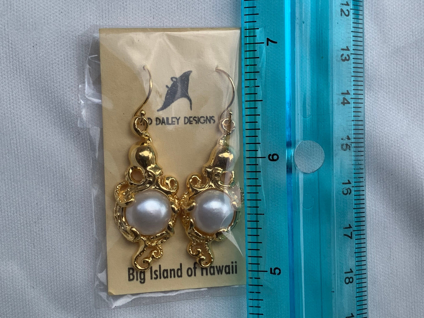 18k gold vermeil white mabe pearl octopus earrings.