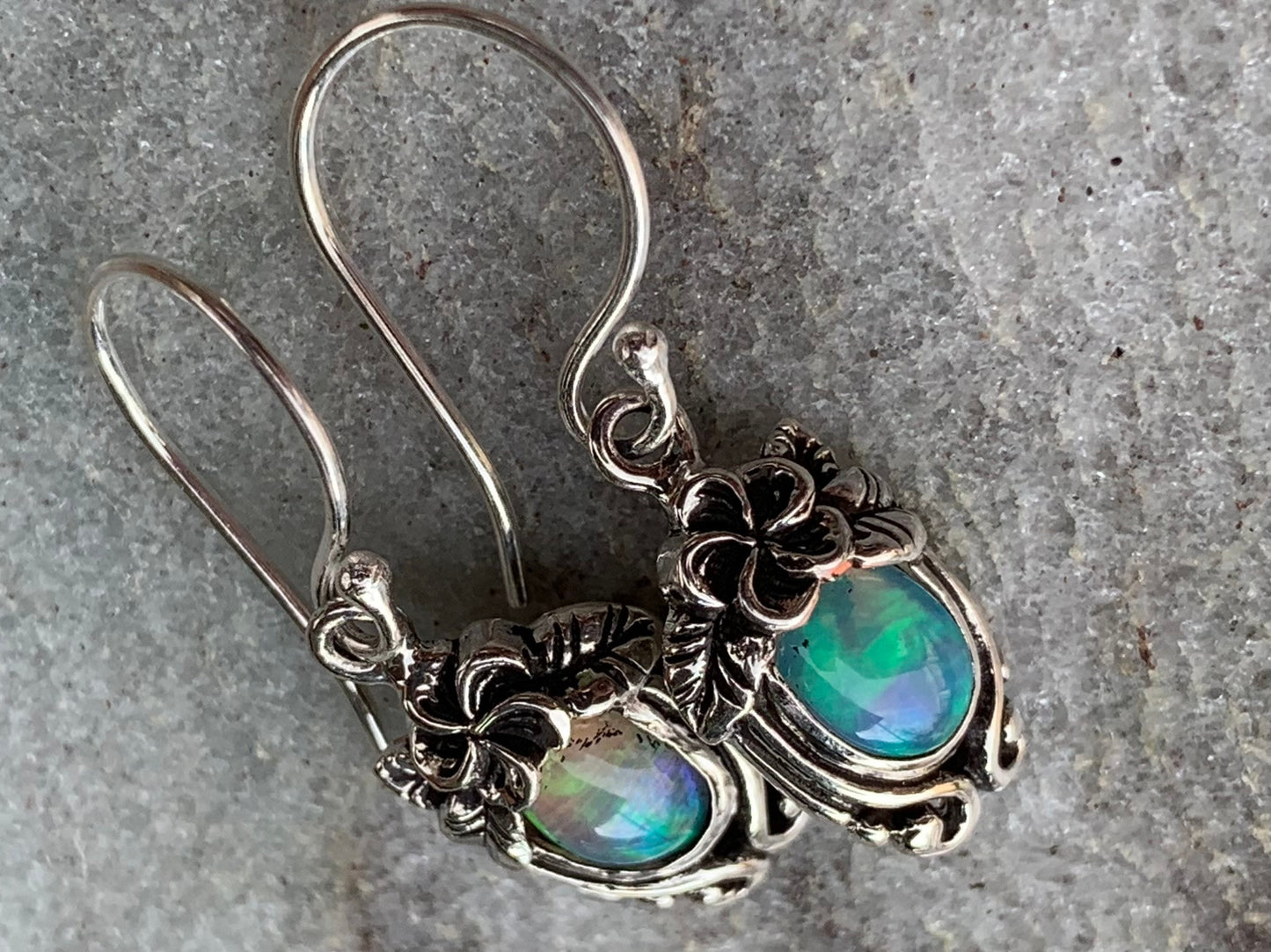 Opal Plumeria Flower Earrings. Sterling Silver.