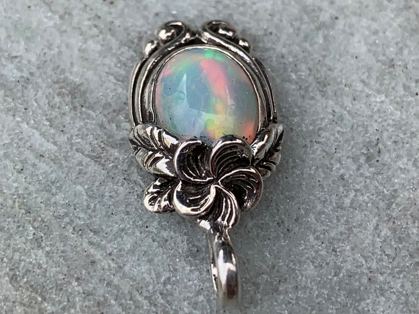 Opal Plumeria Flower Necklace Pendant. Sterling Silver.