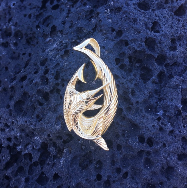18K Gold Vermeil Makau Fishing Hook Marlin Necklace Pendant.