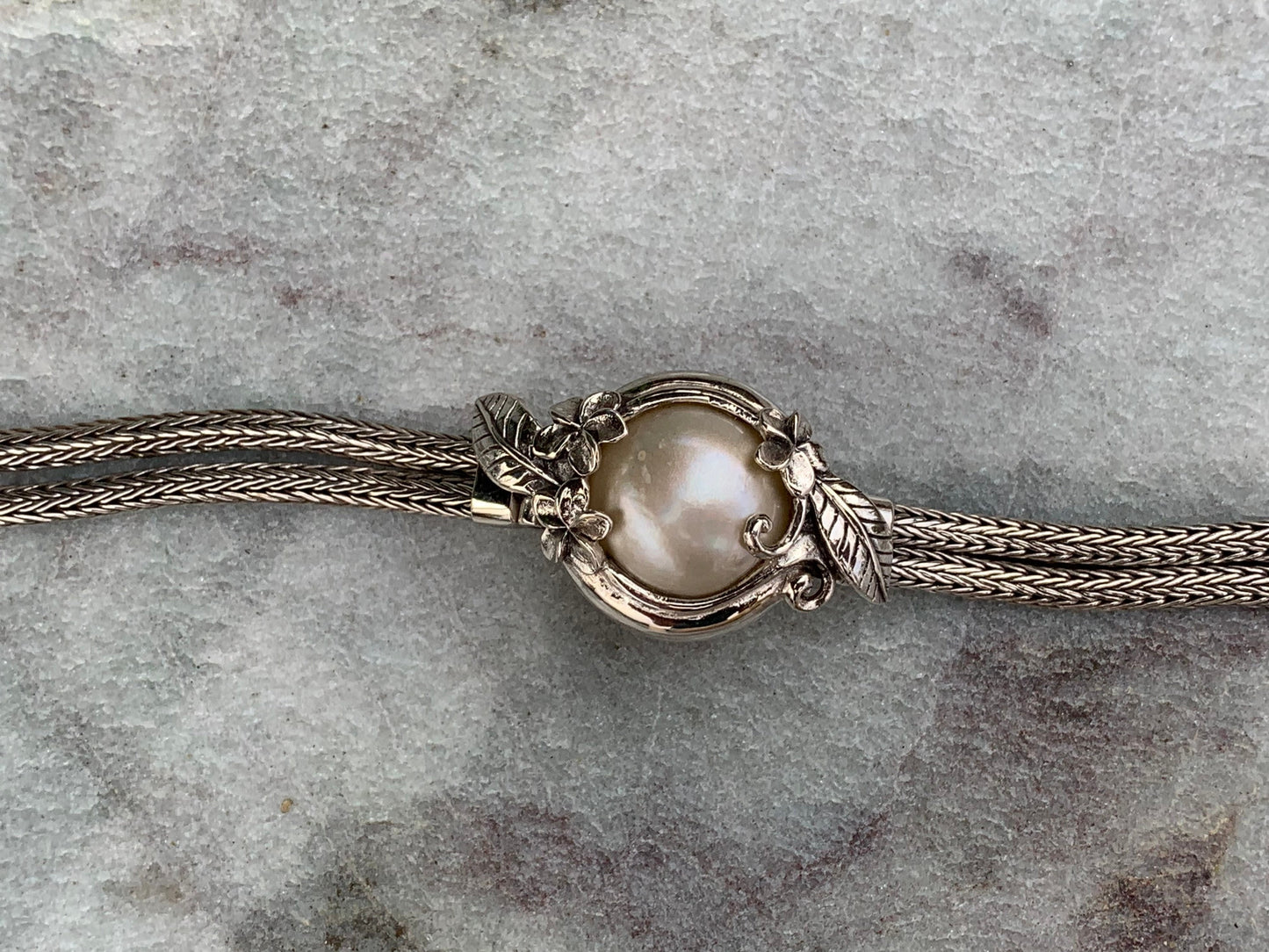 Plumeria Flower White Pearl Mabe Silver Bracelet.