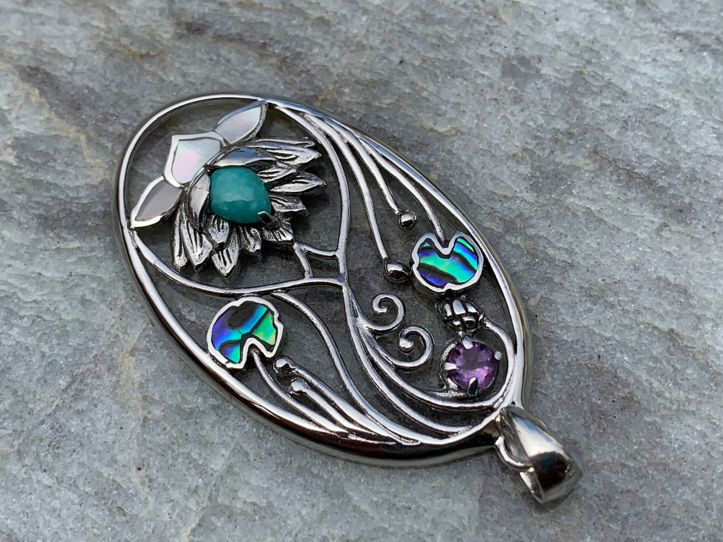 Turquoise Amethyst Lotus Necklace Pendant. Sterling Silver. Abalone Shell, Mother of Pearl.