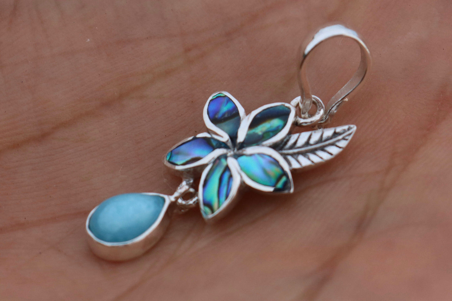 Plumeria Flower Larimar Teardrop Charm Pendant Necklace. Sterling Silver, Abalone Shell.