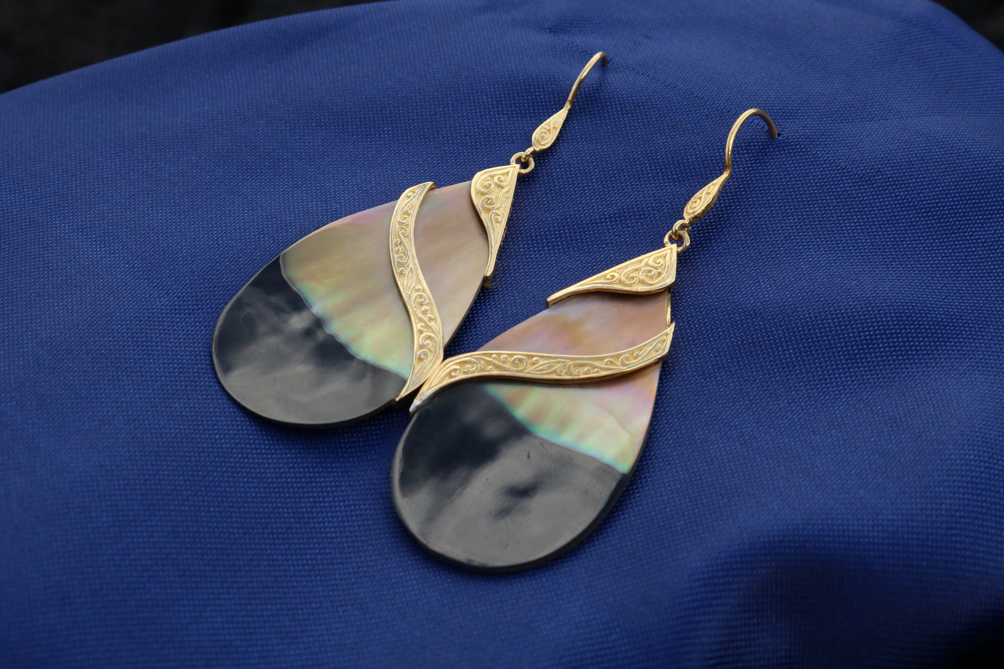 18k Gold Teardrop Black Oyster Shell Earrings Double Tribal Design. Sterling Silver.