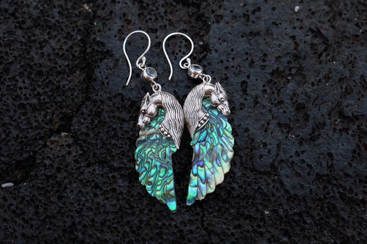 Pegasus Horse Wings Cowgirl Jewelry Earrings. Sterling Silver, Blue Topaz, Abalone Paua Shell.