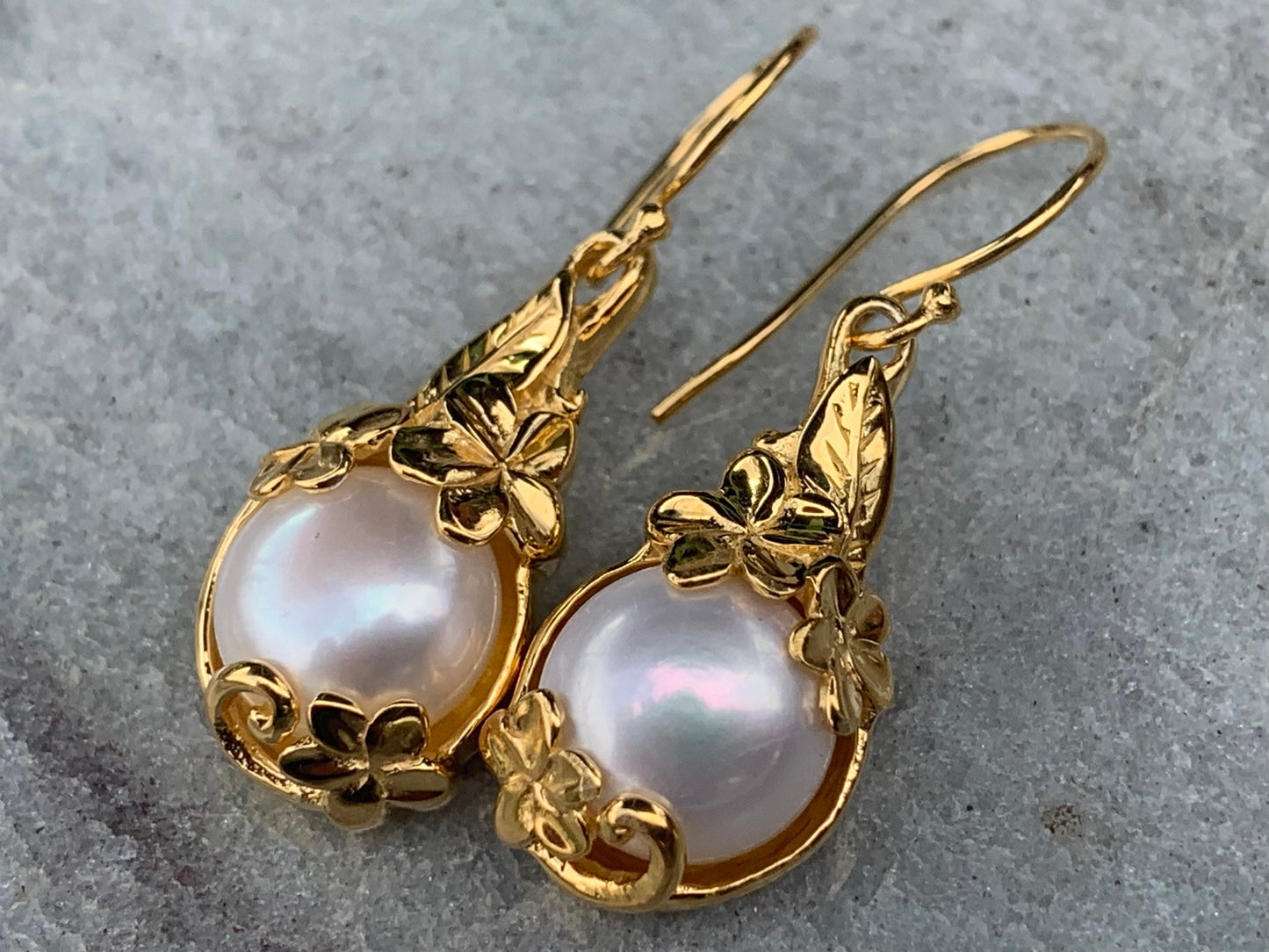 18k gold vermeil white mabe pearl plumeria flower earrings.