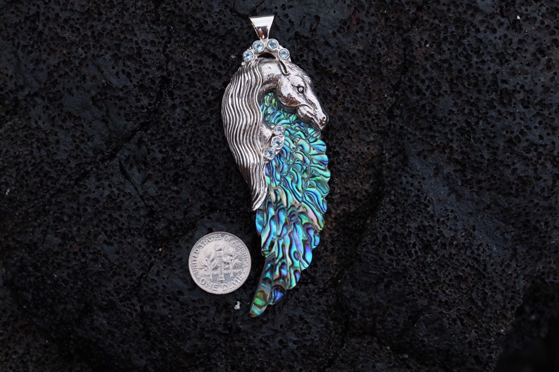 Pegasus Horse Wings Cowgirl Jewelry Necklace Pendant. Sterling Silver, Blue Topaz, Abalone Shell.