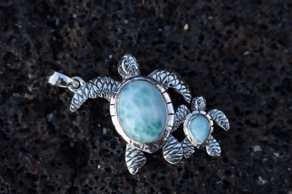 Larimar Turtle and Baby Necklace Pendant Jewelry. Sterling Silver.