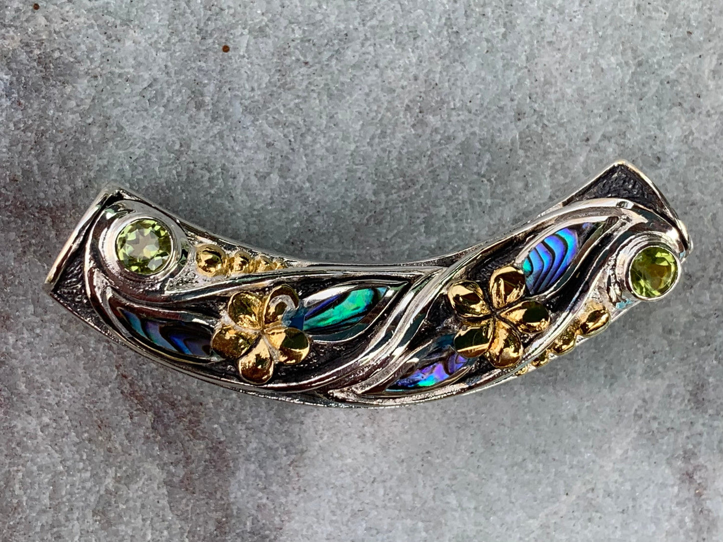 Plumeria Slider Necklace Pendant. 2 Peridot Gemstones, Abalone Shell, Sterling Silver, 18K Gold.