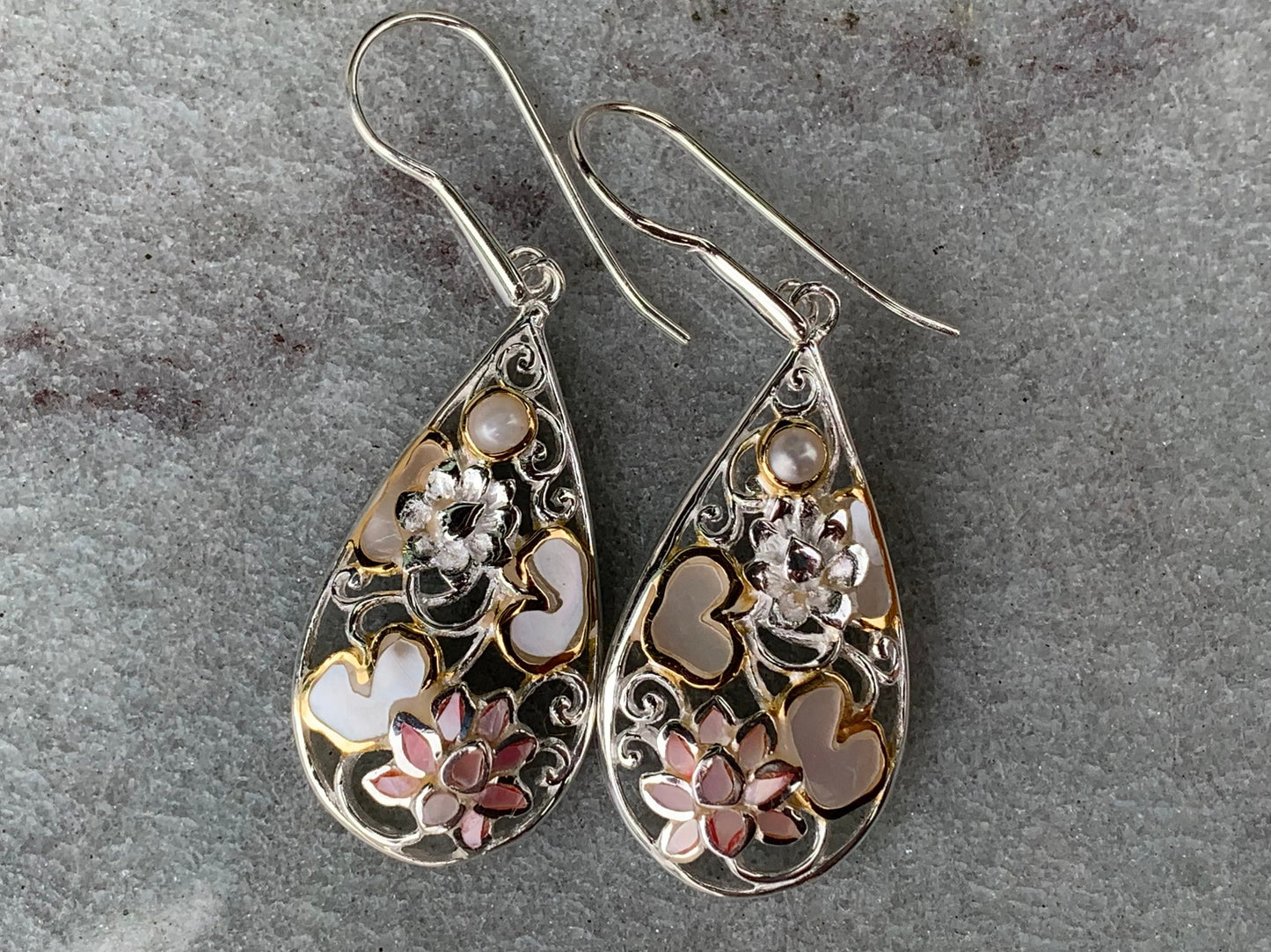Pink Lotus Flower Teardrop Shell Earrings